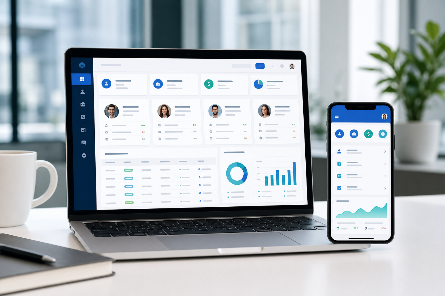 CRM and office management dashboard on a laptop with a matching mobile app